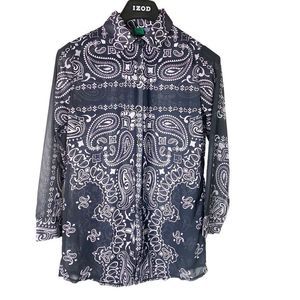 Muze New York Shirt Blouse Top  Womens Medium Blue White Abstract Preppy Ladies